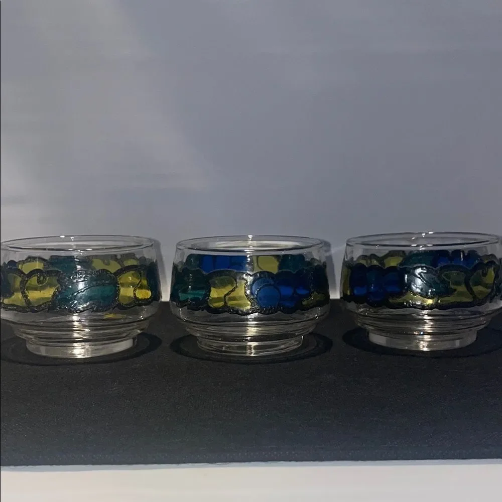 Set of Three Glass Candle Holders with Blue and Yellow Design